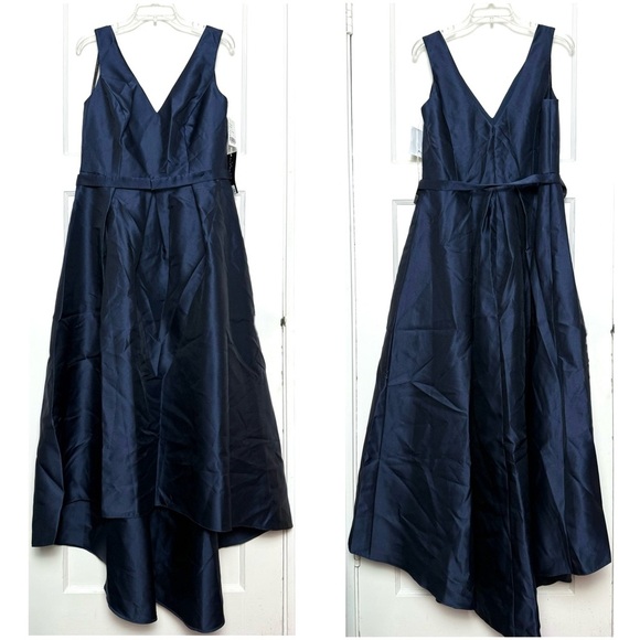 NWT ALFRED SUNG Navy Satin Twill Sleeveless V-Neck Pleated High Low Gown 14 - Picture 2 of 3
